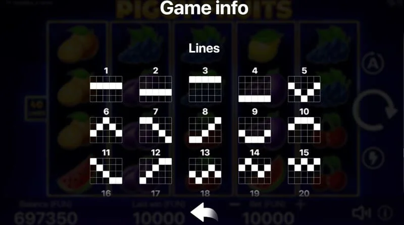 Piggy Fruits - diagramă cu patruzeci de linii de plată fixe